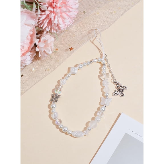 1Pc Butterfly Phone Charm Plastic Butterfly Round Beads Mobile Straps Mobile Phone Ornaments Non-Lost Beaded Handsets Lanyard for Women Camera Keychain Decoration 170mm Long Silver