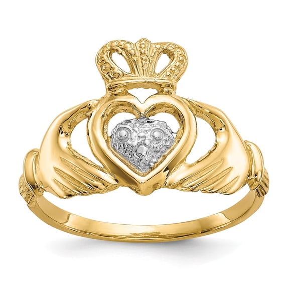 Diamond2Deal 10k Yellow Gold & Rhodium Claddagh Ring Size 6