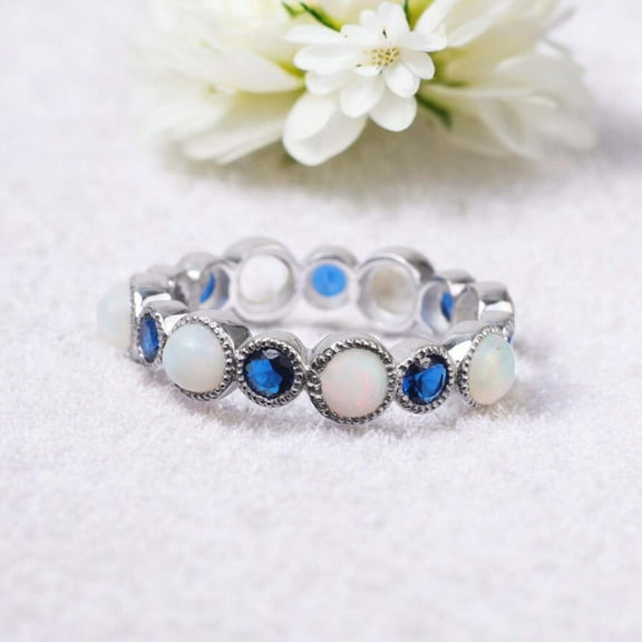Opal Sapphire Band 925 Sterling Silver Wedding Band Handmade Promise Jewelry Two Birthstone Proposal Ring Gift for Gilrfriend