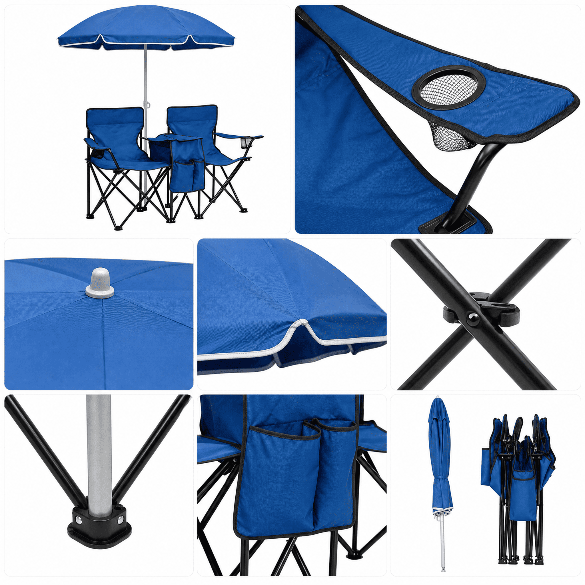 Portable Double Folding Beach Chair Set with Umbrella, 2-Person Outdoor Camping Chair with Cup Holders, Foldable Patio Chair for Picnic, Backyard, Travel, Blue