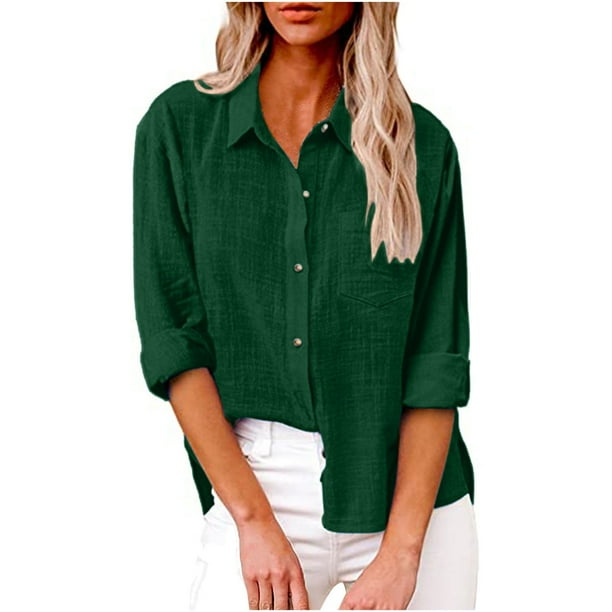 Umfun - Blusa informal de manga larga con botones para mujer, estilo informal, con cuello en V y solapa, holgada, con bolsillo, color verde, talla 4XL