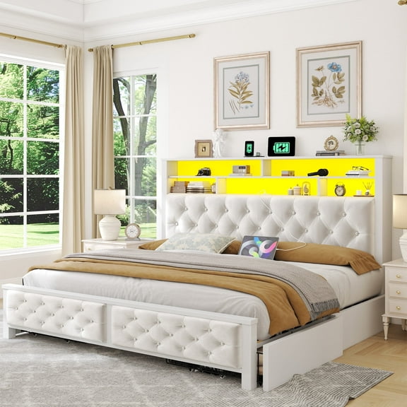 Romorgniz Queen Size Platform Bed Frame with 4 Storage Drawers & 2-Tier Storage Shelf &LED Light,Beige