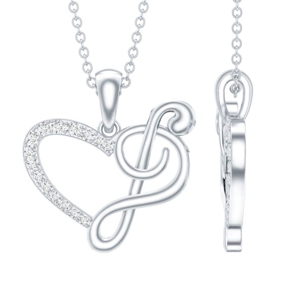 Rosec Jewels Natural Diamond Heart Pendant Chain with Music Note - HI-SI Quality - Ready to Gift for Valentines Day, 925 Sterling Silver