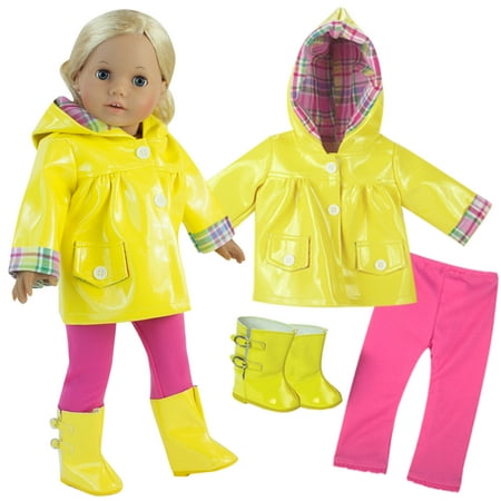 Sophia's 18" Doll Raincoat, Leggings & Rain Boots, Yellow & Pink