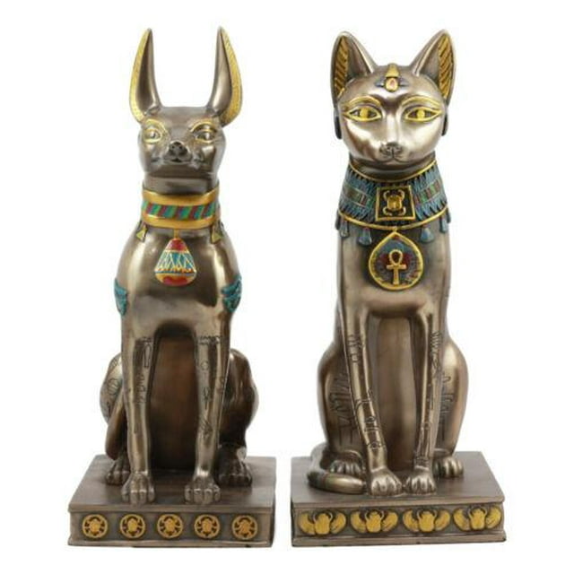 Déesse Égyptienne Bastet et Dieu Anubis Assis sur un Piédestal Ensemble de Statues de 2