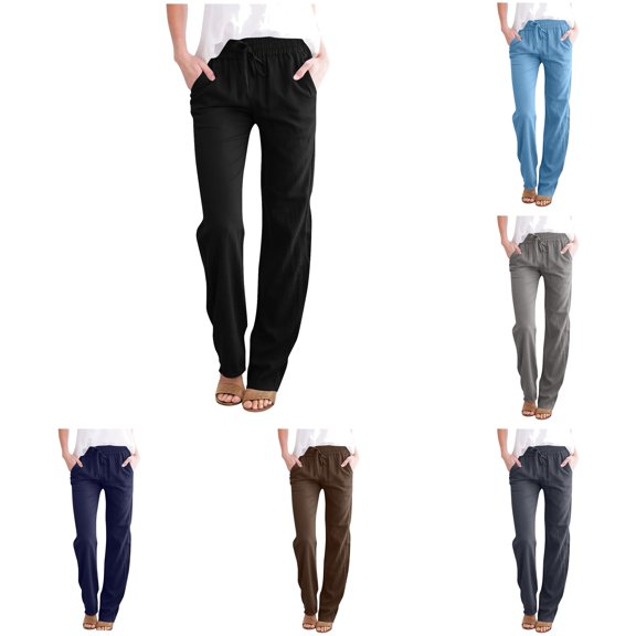Jinhomg Summer Lounge Pants for Women Casual Comfy Elastic Drawstring Waist Trousers Plain Solid Straight Leg Home Pant with Three Pockets Black L