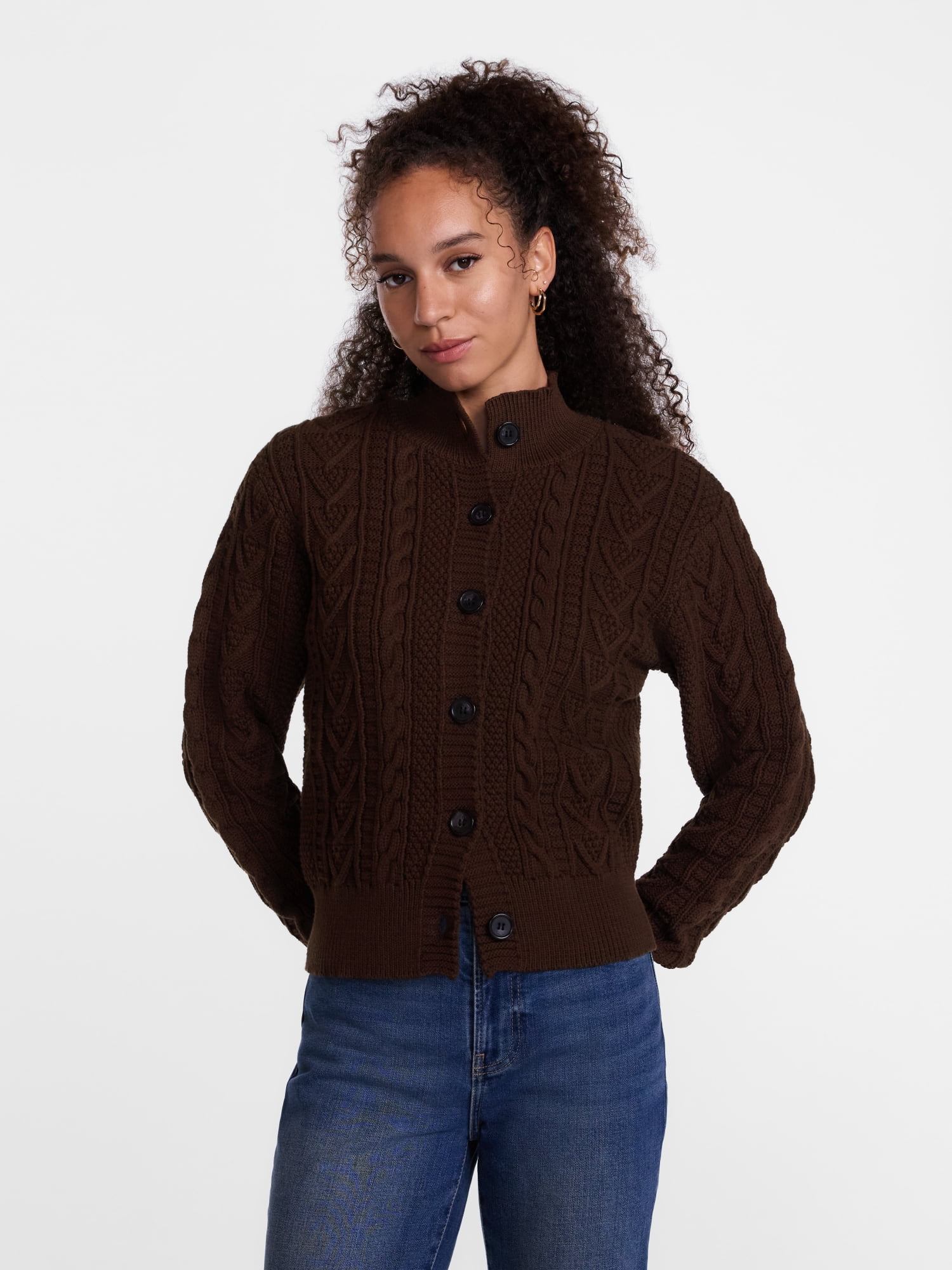 Scenario Woman's Cable Cardigan Sweater with Long Sleeves, Mid-weight, Sizes XS-XXXL