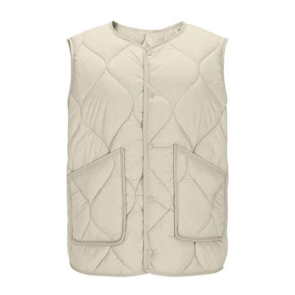 successthop Womens Plus Size Vests for Winter Quilted Plus Size Coat with Pockets Snap Outwear Solid Warm Clothes Beige
