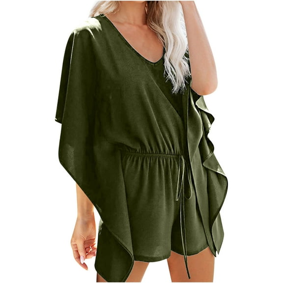 REALiKUN Womens Batwing Short Sleeve Rompers Summer Lightweight Flowy Baggy Shorts Jumpsuits Casual One Piece Beach Outfits