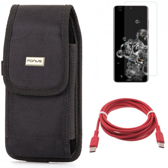 Red 6ft Long Cable w Case Belt Clip w Screen Protector for Samsung Galaxy S20 Ultra - USB-C to Type-C PD Fast Charger Cord, Swivel Holster Rugged, Tempered Glass [Fingerprint fits Galaxy S20 Ultra