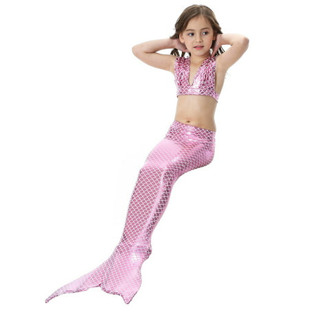 HURRISE Kids Memaid Costumes,Girls 3pcs Swimwear Top Panties Mermaid Tail Swiming Costume Monofin Flippers Swimsuit,Kids Memaid Costumes,Fishtail Swimming Suit