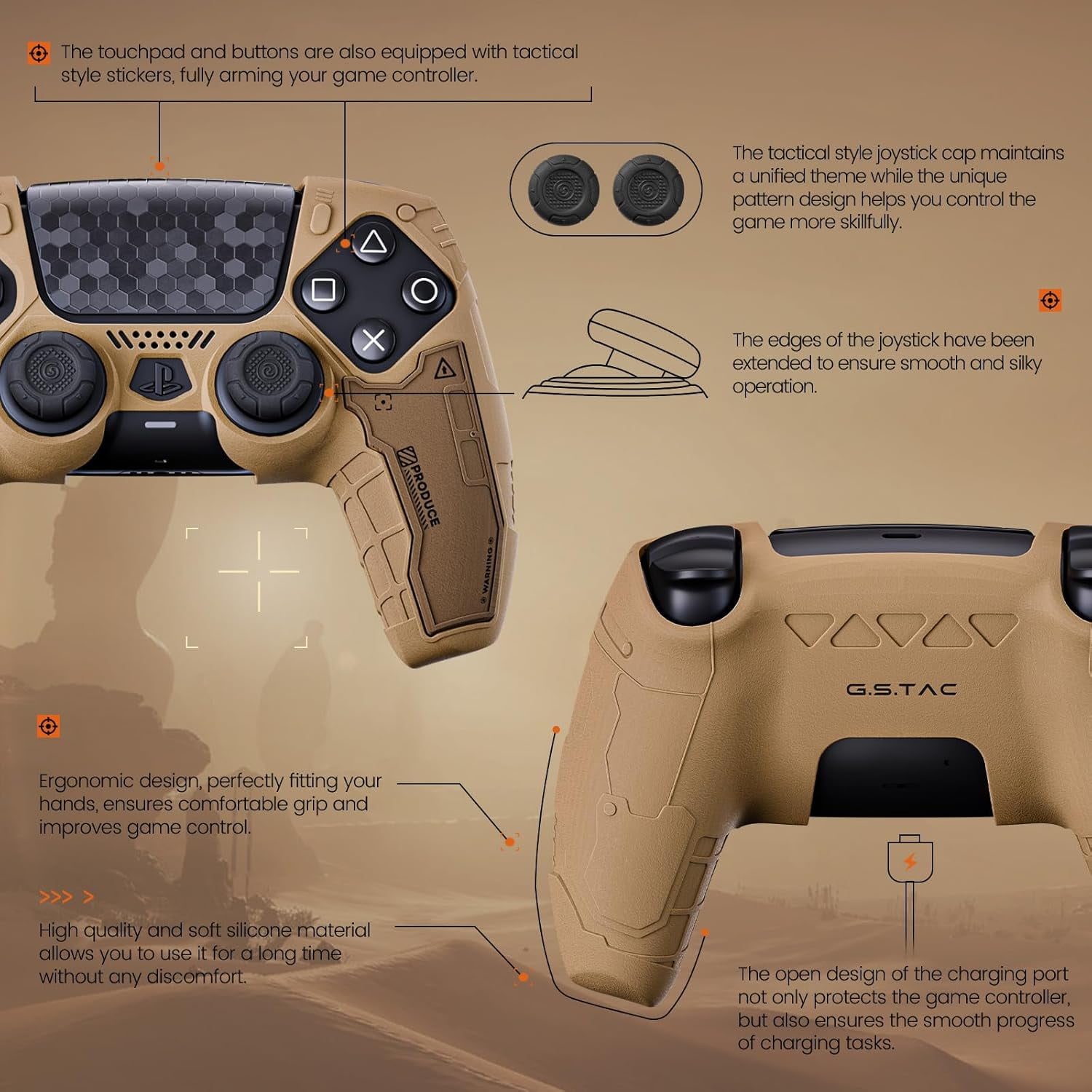 GeekShare G.S.TAC Tactical PS5 Controller Skin Protective Cover Case +Thumb Grips+Stickers Desert Yellow