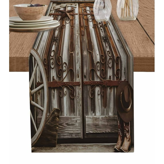 Retro Brown Door Table Runner 72 Inches, Farmhouse Vintage Wooden Door Bed Runner Dresser Scarves Tabletop for Indoor Outdoor Parties/Ceremony/Banquet, 18" x 72"