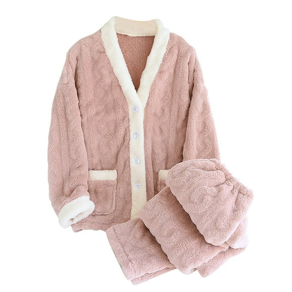Yuyuzo Fuzzy Fleece Pajama Set for Women Long Sleeve V Neck Button down Sleepwear with Pants 2 Pjs Sets Loungewear