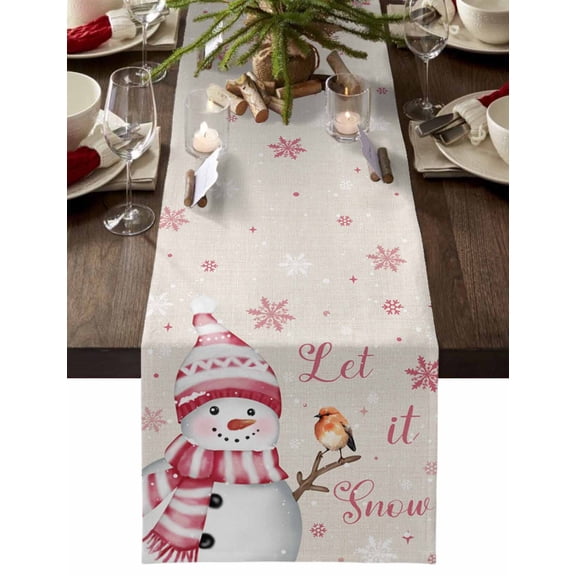 Table Runner Dresser Scarves 70 Inch Long, Christmas Winter Snowman with Scarf Hat Linen Dining Table Runners Pink White Snowflake on Flax Tabletop Scarf for Wedding Holiday Party Kitchen