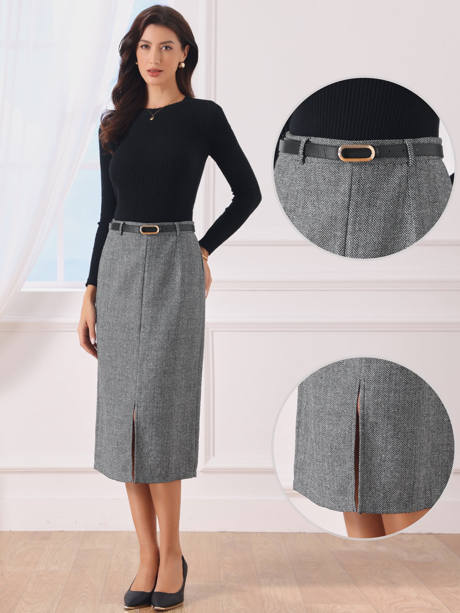 DARING DIVA Women's Vintage Fall Slit Office Work Skirts with Belt Small Black White