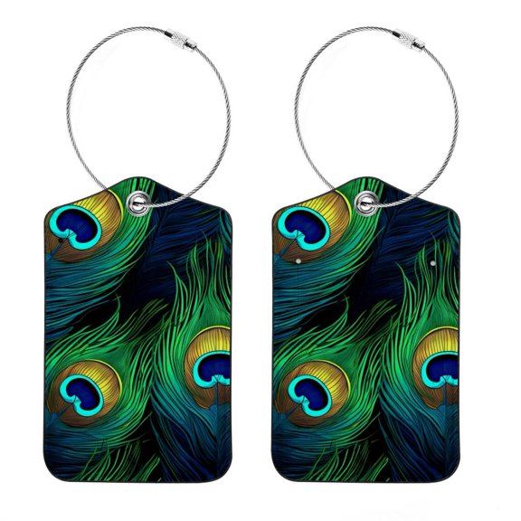 Luggage Tag, Travel Tags, Handbag Tag - Square PU Leather 2 Pack with Privacy Cover and Stainless Steel Ring - Suitable for Travel, Backpack, Handbag [Amazon Approved] Peacock Feather