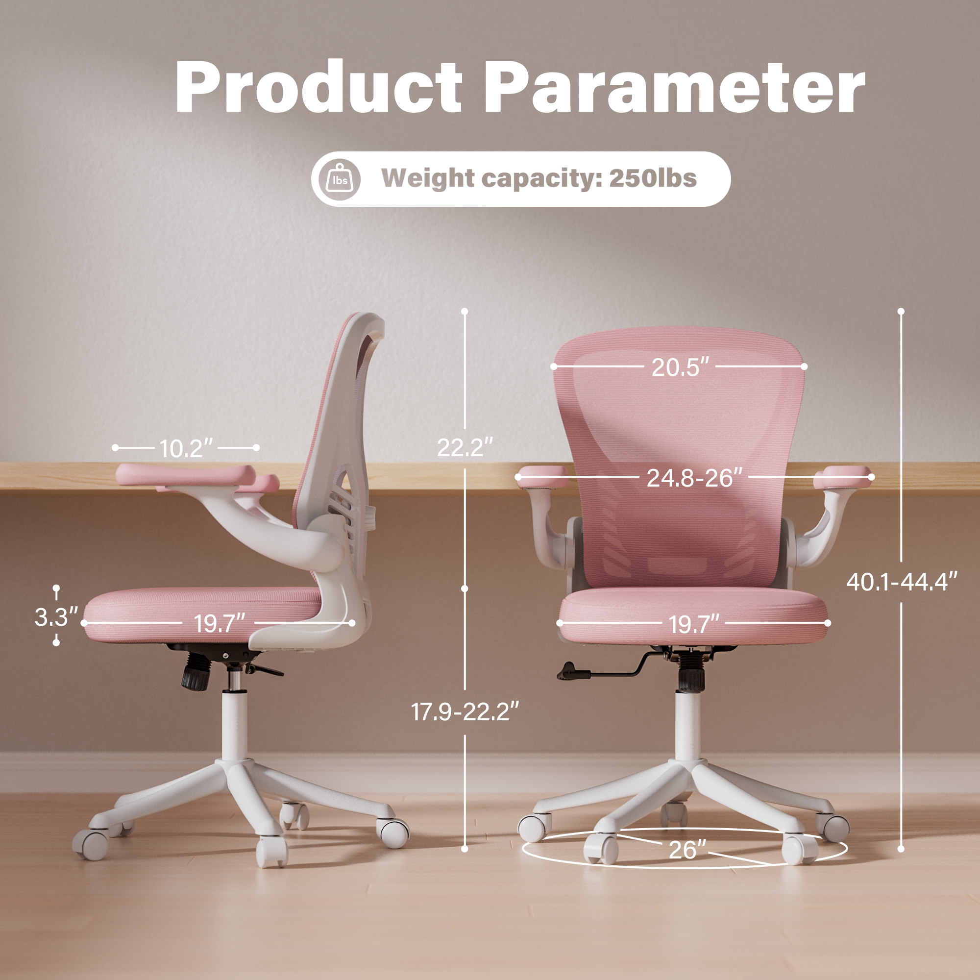 HomeZeer Mesh Office Chair, 300LBS Middle Back Ergomomic Office Chair with 3D Armrests, Computer Desk Chair with Adjustable Lumbar Support, Wide Seat Swivel Home Office Chair, Pink