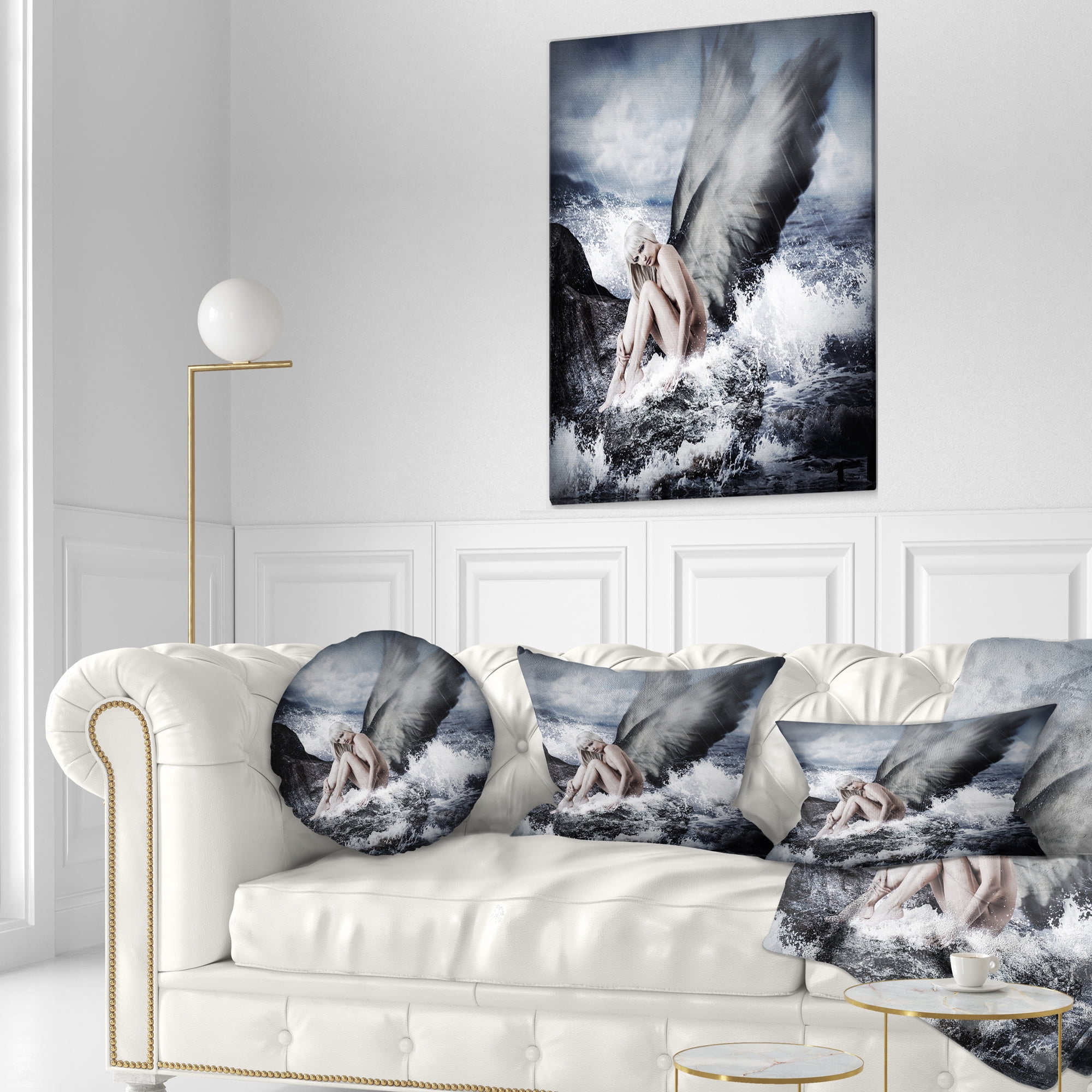 Designart Angel Resting By Crashing Waves - Abstract Throw Pillow - 12x20