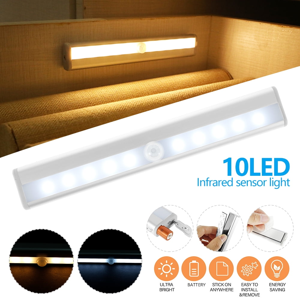 10 LED Battery PIR Motion Sensor Under Cabinet Light Strip Bar Night Lamps Home 