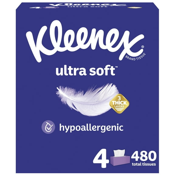 Kleenex Ultra Soft Facial Tissues, 3 Thick Layers for Softness & Strength, Hypoallergenic, 4 Flat Boxes