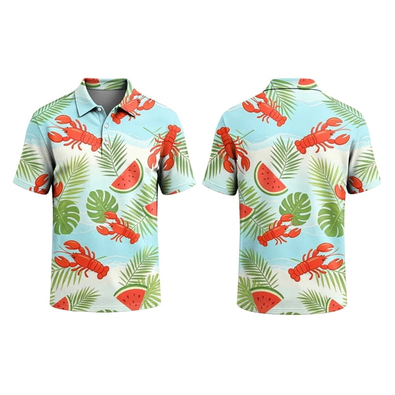 GrmtClth Tropical Polo Shirt For Men Tropical Cartoon Lobster Wave Seashell Short Sleeve Button Placket Lightweight Summer Vacation Cruise Polo Outfit Decorated With Gentle Ocean Lines White 3XL