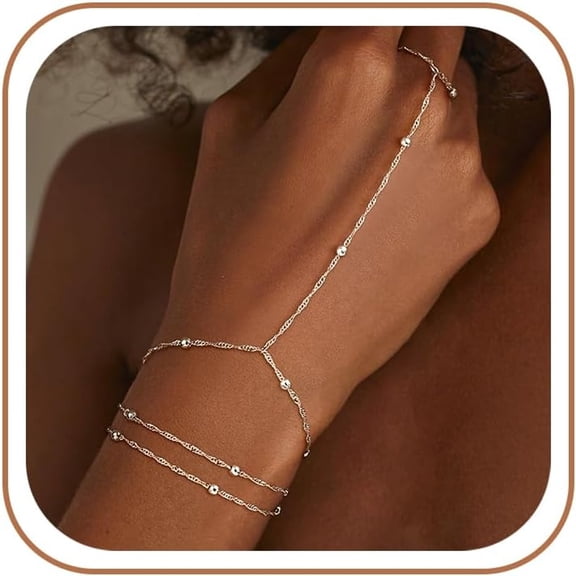 DESIGNICE Silver Hand Chain Bracelets for Women Set - Dainty Silver Plated Finger Ring Bracelet Stack Adjustable Hand Chains Durable Beaded Bracelets Trendy Simple Jewelry Gift for Women