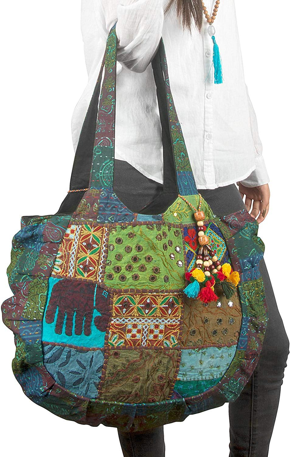 Boho Embroidered Tote Bag with Colorful Oriental Flower and Leaves Design -  Fringe, Flowers and Frills