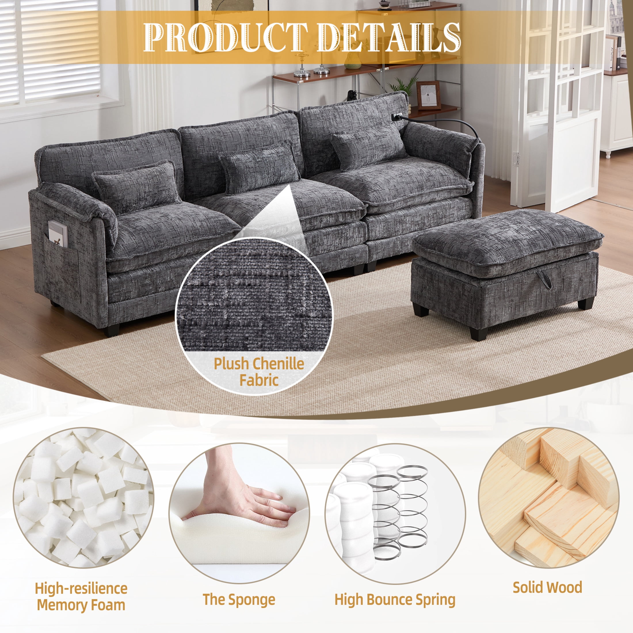 Noble House Modern 112" Oversized L-Shape Sectional Sofa, Chenille Cloud Couch with Modular Storage Ottoman, Gray