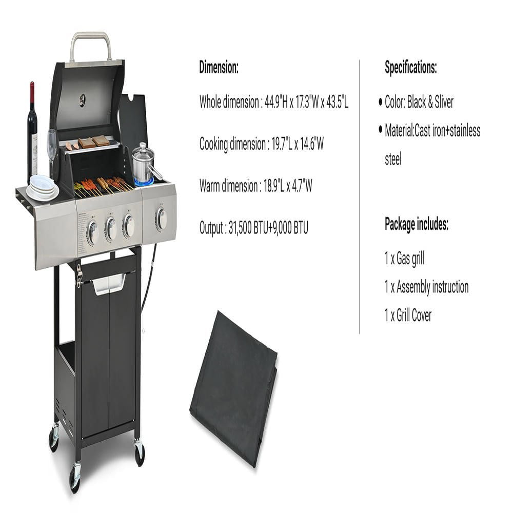 Resenkos 3-Burner Propane Grill, Stainless Steel Gas BBQ with Side Burner and Protective Cover