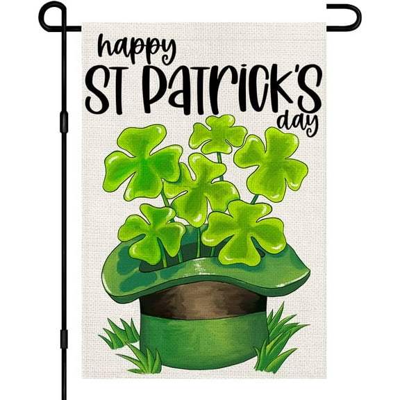 Happy St Patricks Day Burlap Garden Flags 12x18 Inch Double Sided, Green Lucky Shamrock Sign Small Farmhouse Yard Outdoor Decor DF192