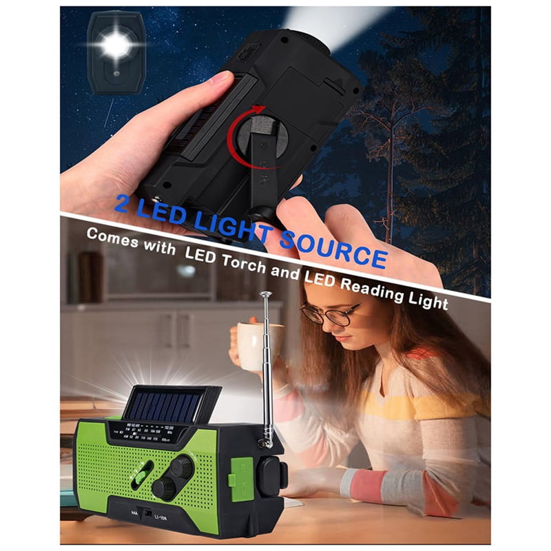 2X Emergency Weather Radio Hand Crank Portable Solar Charging with AM/FM/NOAA LED Flashlight SOS Alert 2000mah