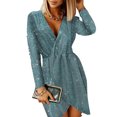 thumbnail image 1 of Sexy Dance Robe Courte Femme Manches Longues Mini Robes Col en V Décontracté Strass Vert L, 1 of 4