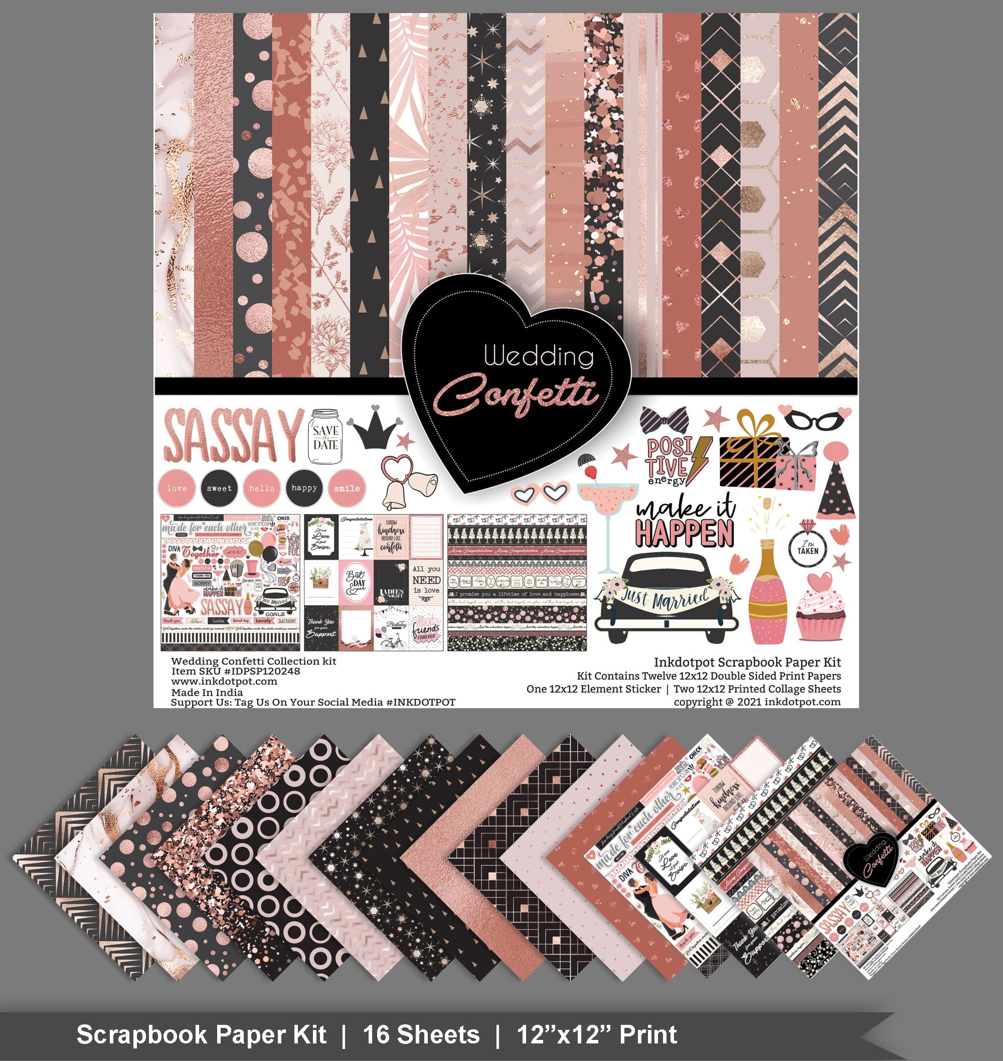 Inkdotpot Party Confetti Theme Collection Double-Sided Scrapbook Paper Kit Cardstock 12"x12" Card Making Paper Pack Of With Sticker Sheet - 16 Pages - Black & Rose Gold