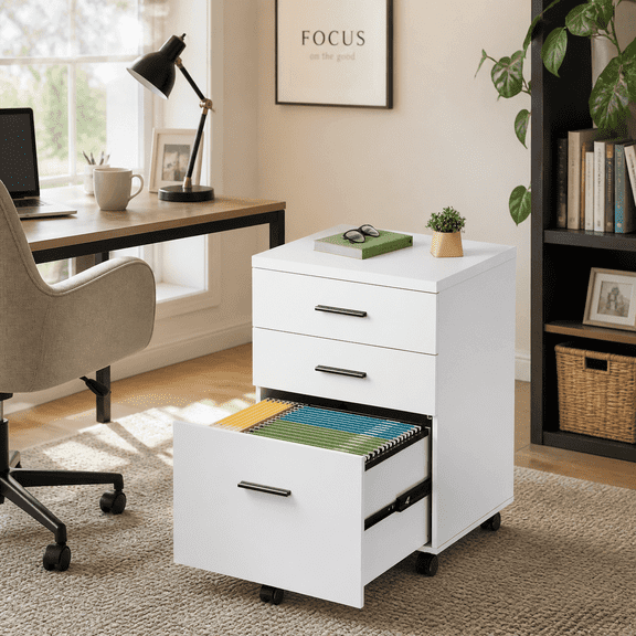 GALAXHERO 3 Drawer Storage Cabinet, Wood Rolling File Cabinet with Whells, Printer Stand Filing Cabinet for Home Office, Fit Letter/A4/Legal, White