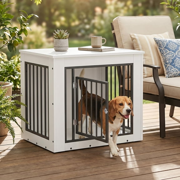 30" Dog Crate Furniture End Table for Medium Dogs – Wooden Indoor Kennel with Metal Bars, Chew-Resistant & Sturdy Design – White