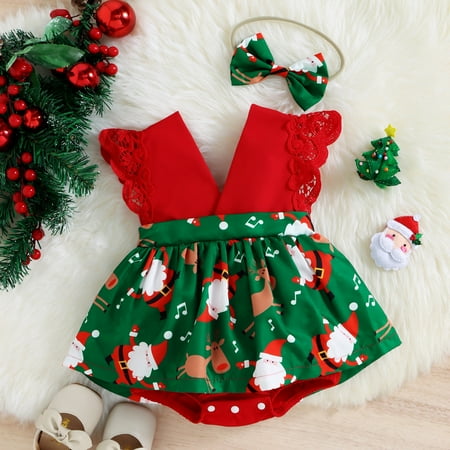 

FZM Christmas Girls Lace Fly Sleeve Christmas Cartoon Snowflake Santa Prints Romper Bodysuits Dress Headbands Outfits