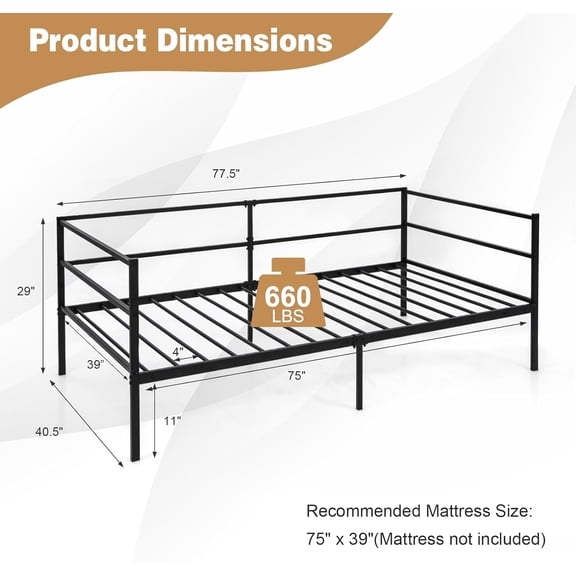 Daybed Frame, Metal Twin Size Platform Bed with Heavy Duty Slat Support, Space-Saving Sofa Bed Frame for Living Room Bedroom Guest Room, No Box Spring Needed - Black