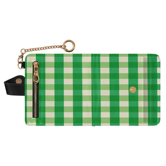 Small Wallet For Women Bifold Leather Pocket Coin Credit Card Holder With RFID Blocking Bright Green Cream-colored Checkered
