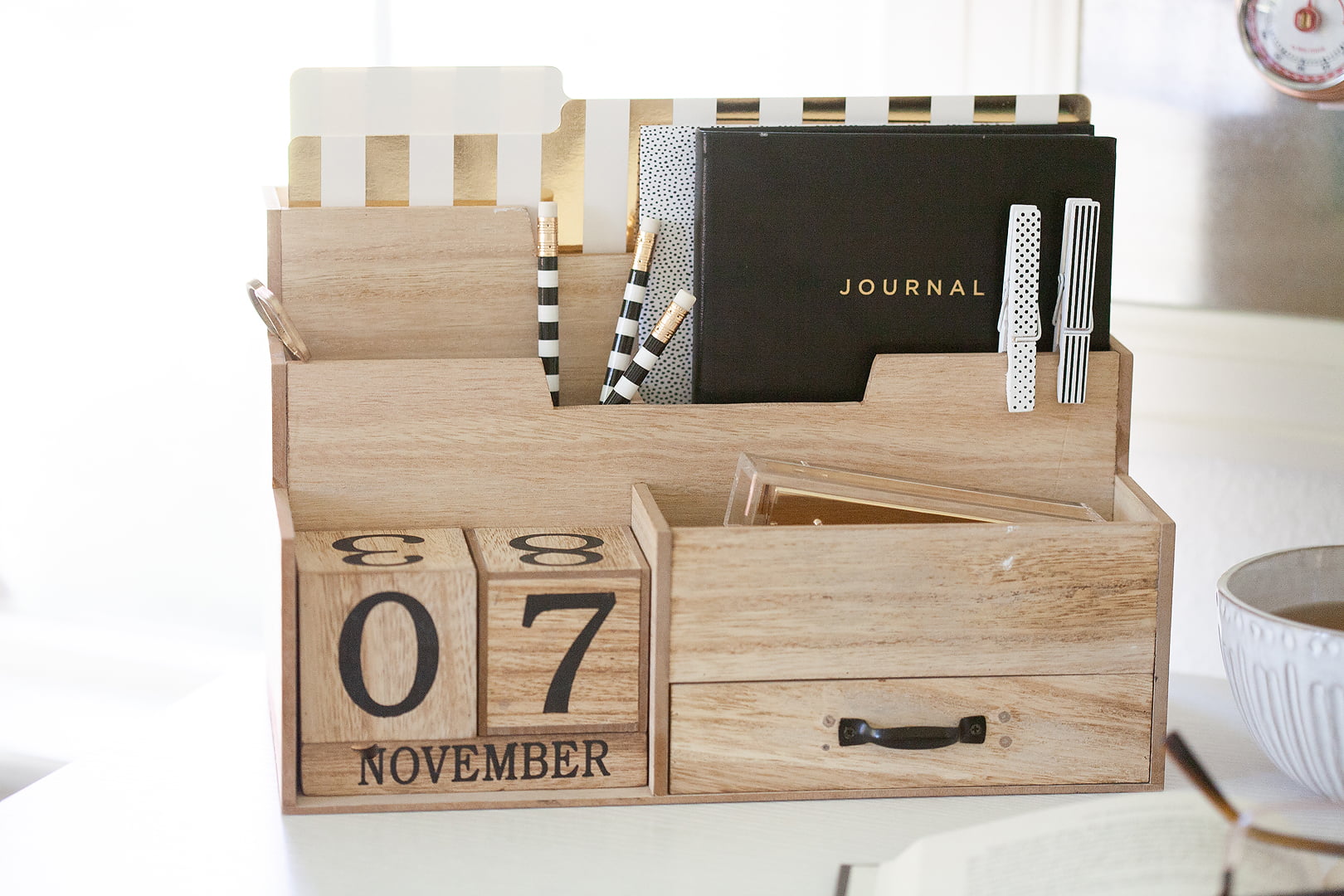 Blu Monaco Natural Wood Mail Organizer, Wooden Mail Organizer Desktop With Block Calendar