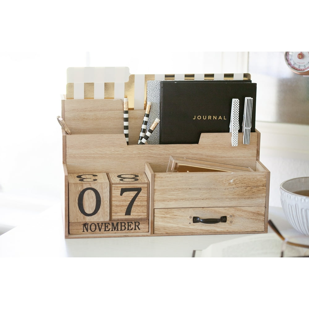 Wooden Mail Organizer Desktop with Block Calendar Mail Sorter Countertop Organizer Desk