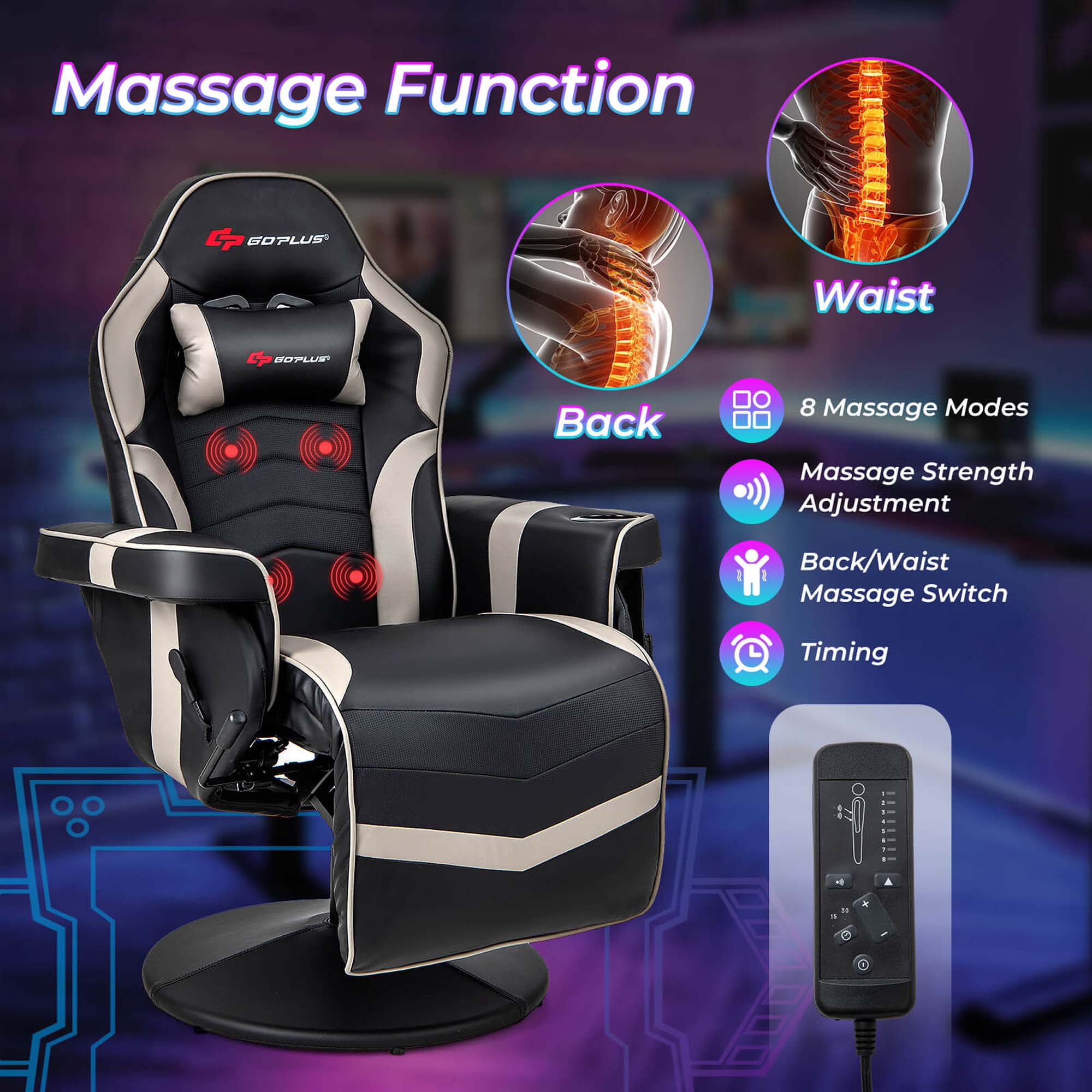 Goplus Massage Gaming Recliner Height Adjustable Racing Swivel Chair with Cup Holder Grey