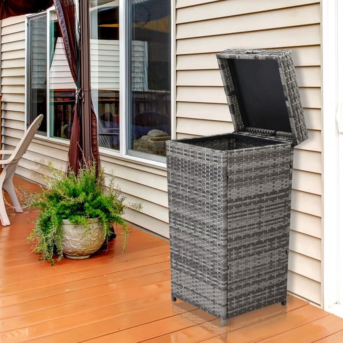 27-Gal Rattan Trash Can w/ Locking Lid - Gray Gradient PE Wicker, Iron Frame for Indoor/Outdoor Use, Odor-Control Design - 15.75"x31.9"