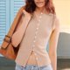 thumbnail image 5 of Camiseta Sin Mangas de Verano para Mujer, de Punto, con Cuello Redondo, Botones Delanteros y Canalé, Ajustada, Sin Mangas, Color Caqui, Talla M, 5 of 7