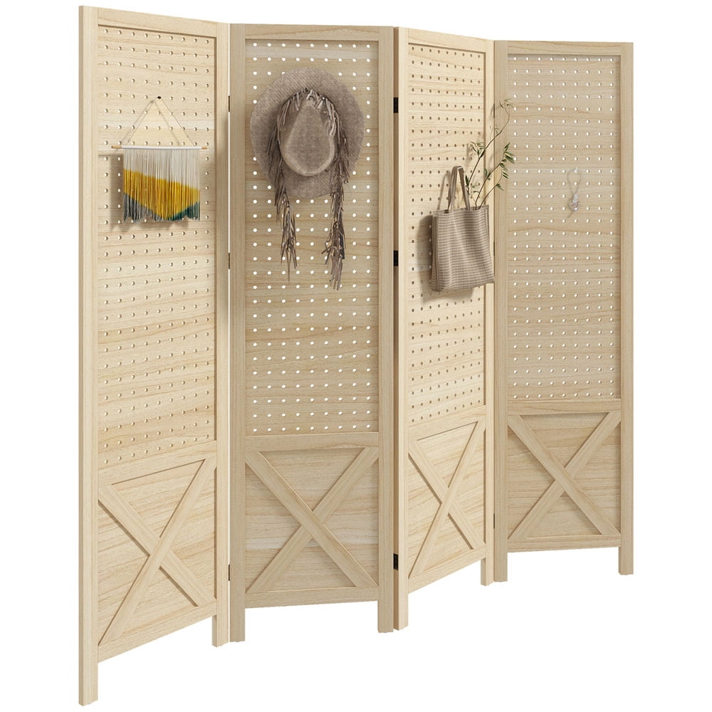 Demi Bonn 57" Tall Room Dividerdoor Folding Portable Partition Screen for Home Office Garden Terrace, 4 Panel Pegboard Display Wood Wall Divider, Beige