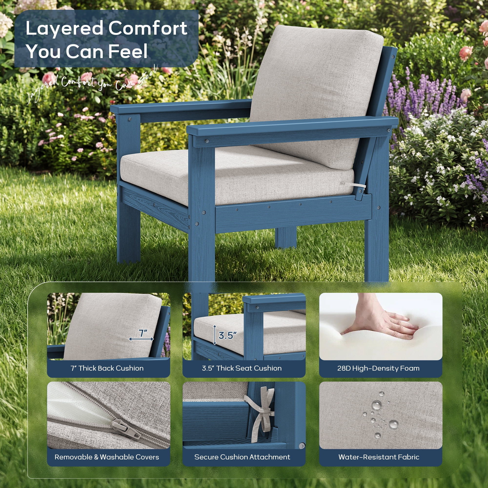 SERWALL Outdoor Patio Furniture Set, 6-Piece HDPE Outdoor Sofa Set Patio Conversation Set, Blue Frame with Beige Cushions