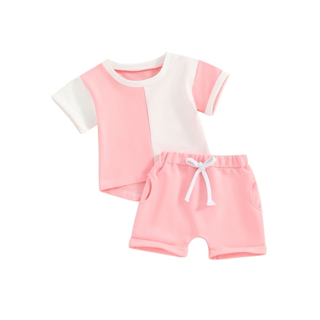 xiaxaixu Toddler Boy Girl Summer Clothes Contrast Color Short Sleeve T-Shirt with Solid Color Shorts 2Pcs Outfit