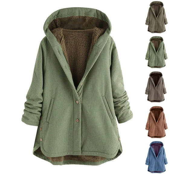 Aboser Sherpa Lined Shacket Jacket for Women Long Sleeve Winter Coats Plus Size Plaid Shackets Warm Button Down Outerwear Comfy Soft Hoodie Jackets with Pockets