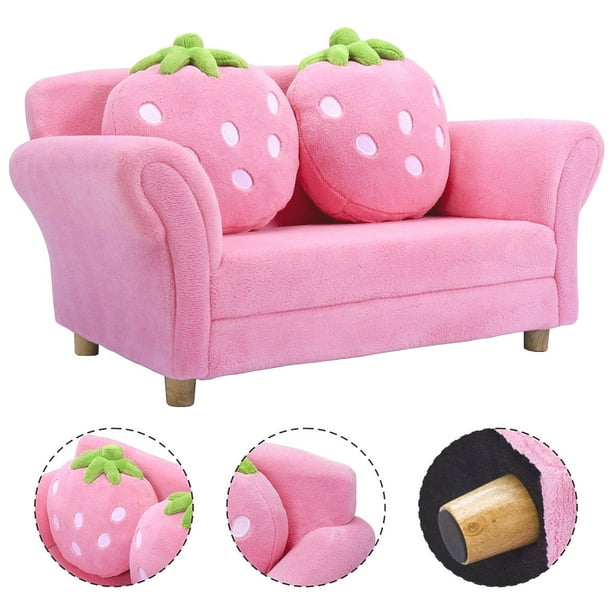 Costway Kids Sofa Strawberry Kids Armrest Chair Lounge Couch with 2 Pillows