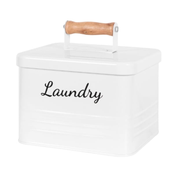 Contenedor de almacenamiento para cápsulas de lavandería con asa de madera y tapa para encimera, multiusos. Blanco